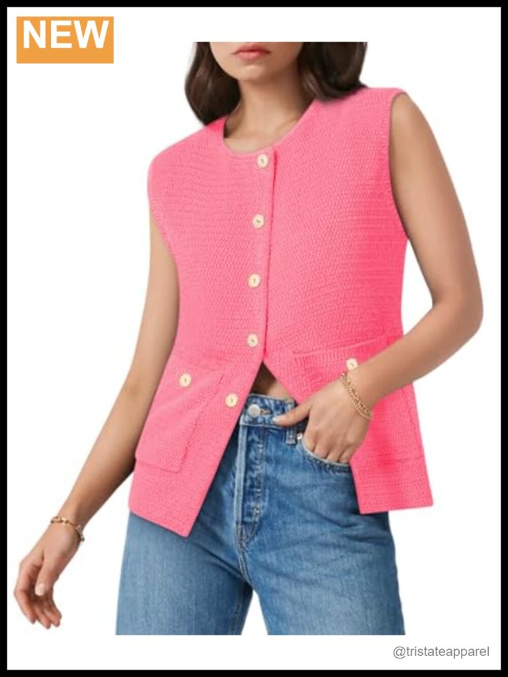 Womens Sleeveless Knit Sweater Vest Button Down Pockets